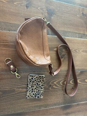 Tan Leather Crossbody Belt Bag with Leopard Card Sleeve & Key Chain
